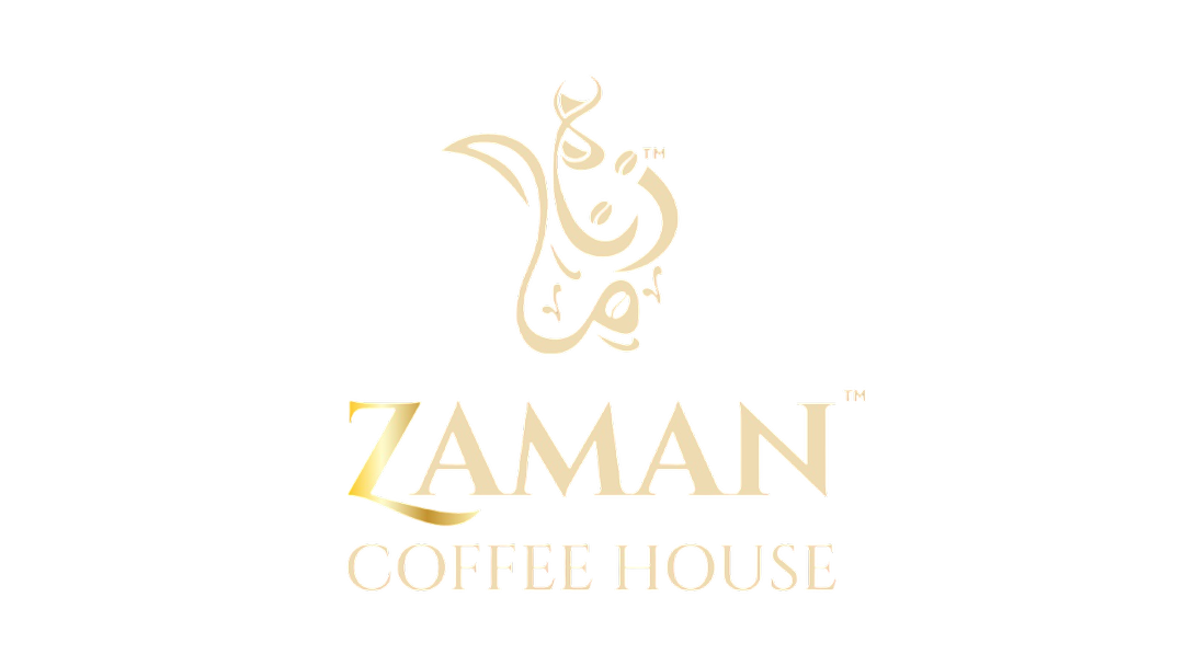 Zaman Coffee House logo, gold Arabic calligraphy on burgundy background decorative watermark